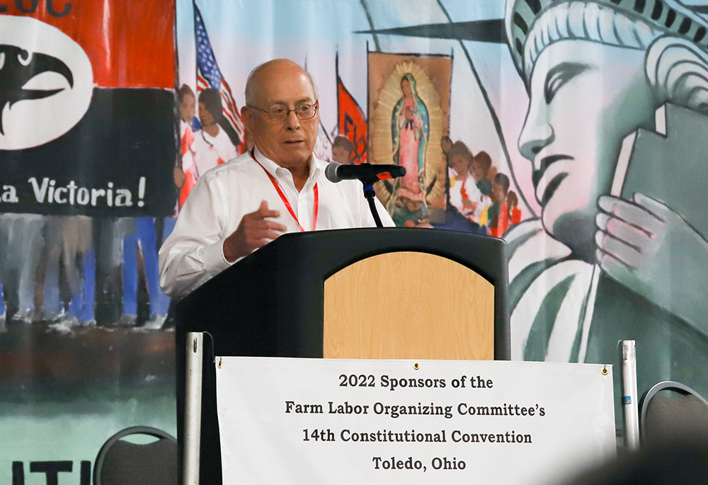 Baldemar Velasquez, the president of the Farm Labor Organizing Committee, speaks during the group's convention in September in Toledo, Ohio. (Matt Emmick)