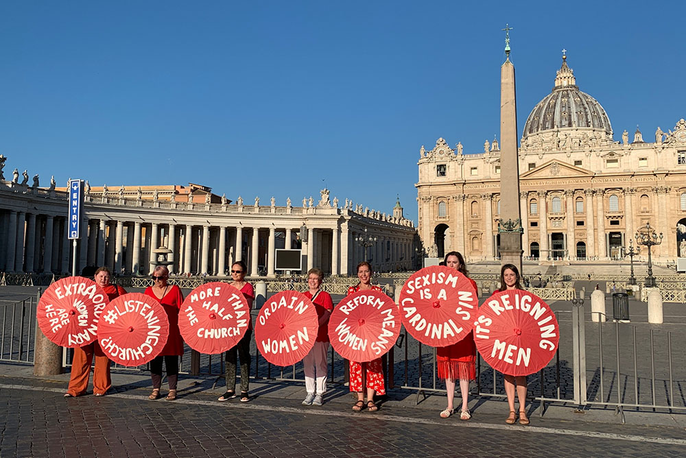 Outside the consistory of cardinals convened by Pope Francis at the Vatican in late August, women call for greater inclusion of women at all levels of the church. (Courtesy of Women's Ordination Conference)