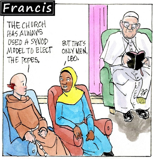 Francis, the comic strip: Brother Leo and Gabby wonder what would happen if everyone in the church had the power to make decisions.