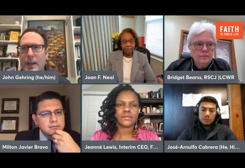 Panelists participate in an Oct. 14 webinar organized by Faith in Public Life titled "Protecting Democracy & Voting Rights: A Conversation With Catholic Activists." (NCR screenshot/YouTube/Faith In Public Life)