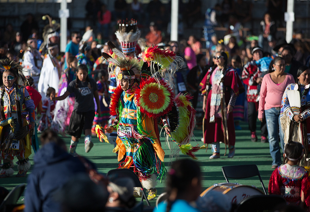 Native Americans perform July 9, 2016, during the annual Indian Days in Browning, Montana. The four-day event, held every July, draws representatives of 50 tribes throughout the United States and Canada. (CNS/Rich Kalonick, courtesy of Catholic Extension)