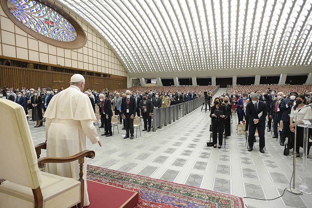 Pope Francis attends a meeting of legislators in advance of the U.N. climate summit in Glasgow, at the Vatican Oct. 9, 2021. (CNS/Vatican Media)