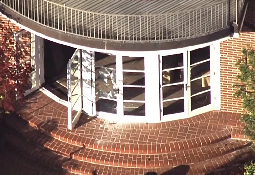 A screen grab taken Oct. 28 from video shows damage to the home of House Speaker Nancy Pelosi after her husband, Paul Pelosi, was violently assaulted during a break-in at their house in San Francisco. (CNS/KGO TV via ABC via Reuters)