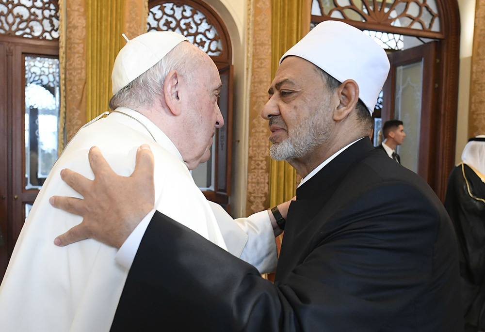 Pope Francis greets Sheikh Ahmad el-Tayeb, grand imam of Egypt's Al-Azhar mosque and university, at Sakhir Royal Palace Nov. 4, 2022, in Awali, Bahrain. (CNS/Vatican Media)