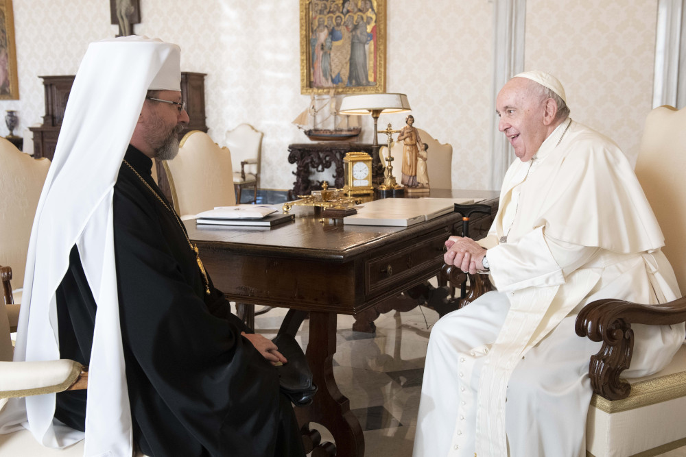 Pope Francis speaks with Ukrainian Archbishop Sviatoslav Shevchuk of Kyiv-Halych during a private meeting at the Vatican Nov. 7, 2022. 