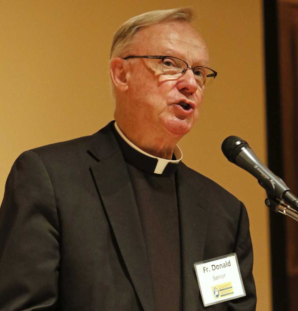 Passionist Father Donald P. Senior, president emeritus and chancellor of Catholic Theological Union in Chicago, delivers the English-language keynote address during the annual New York Catholic Bible Summit June 18, 2016, at Cathedral High School in New York City. 