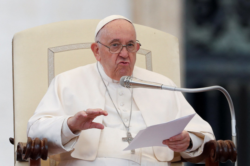 Pope Francis speaks during his weekly general audience in St. Peter's Square at the Vatican Nov. 16, 2022.