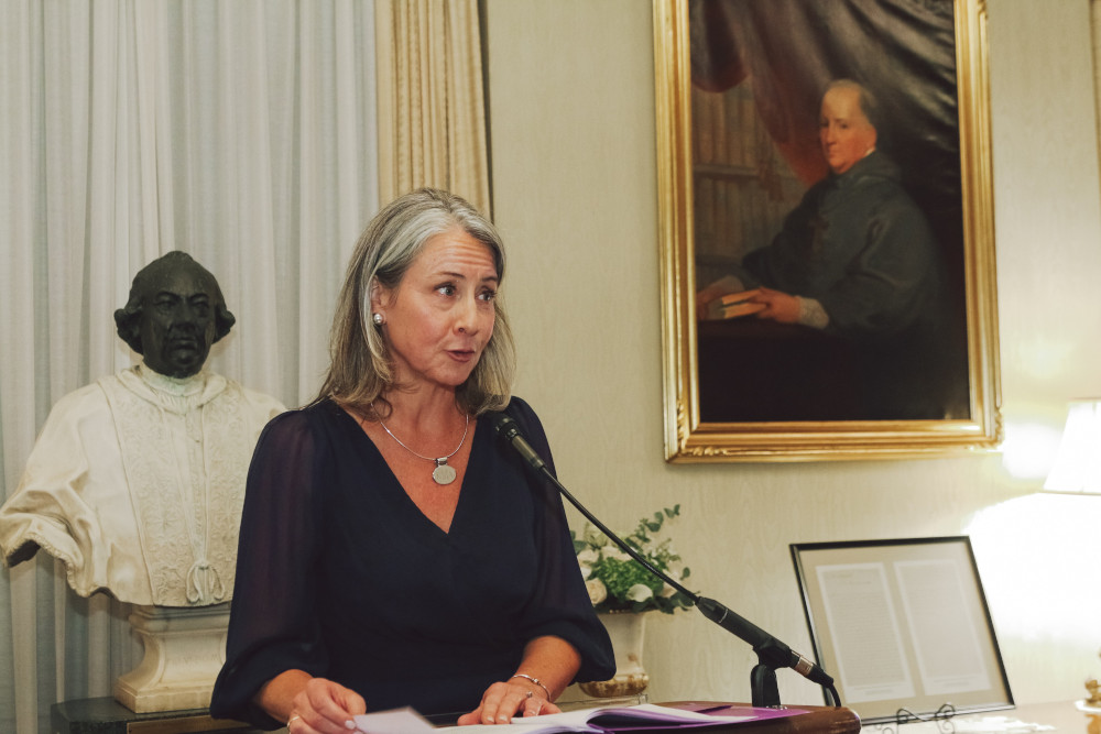 Krisanne Vaillancourt Murphy, executive director of the Catholic Mobilizing Network, speaks at the Vatican Embassy in Washington Oct. 10, 2022, about World Day Against the Death Penalty. 