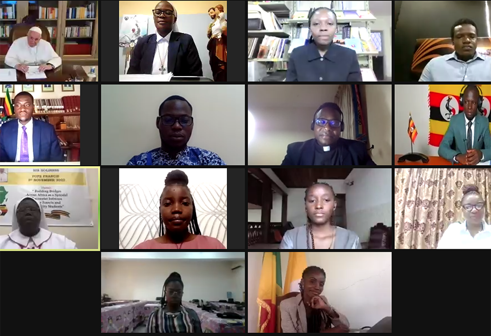Pope Francis participates in Zoom dialogue with young people from across the African continent during the event "Building Bridges Across Africa: A Synodal Encounter between Pope Francis and University Students." (NCR screenshot)