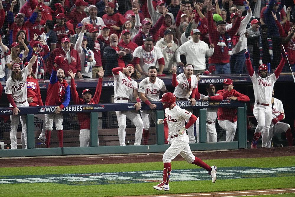 Philadelphia Phillies' Rhys Hoskins rounds the bases after a two-run home run during the fifth inning in Game 3 of baseball's World Series between the Houston Astros and the Philadelphia Phillies on Nov. 1 in Philadelphia. (AP/Matt Rourke)