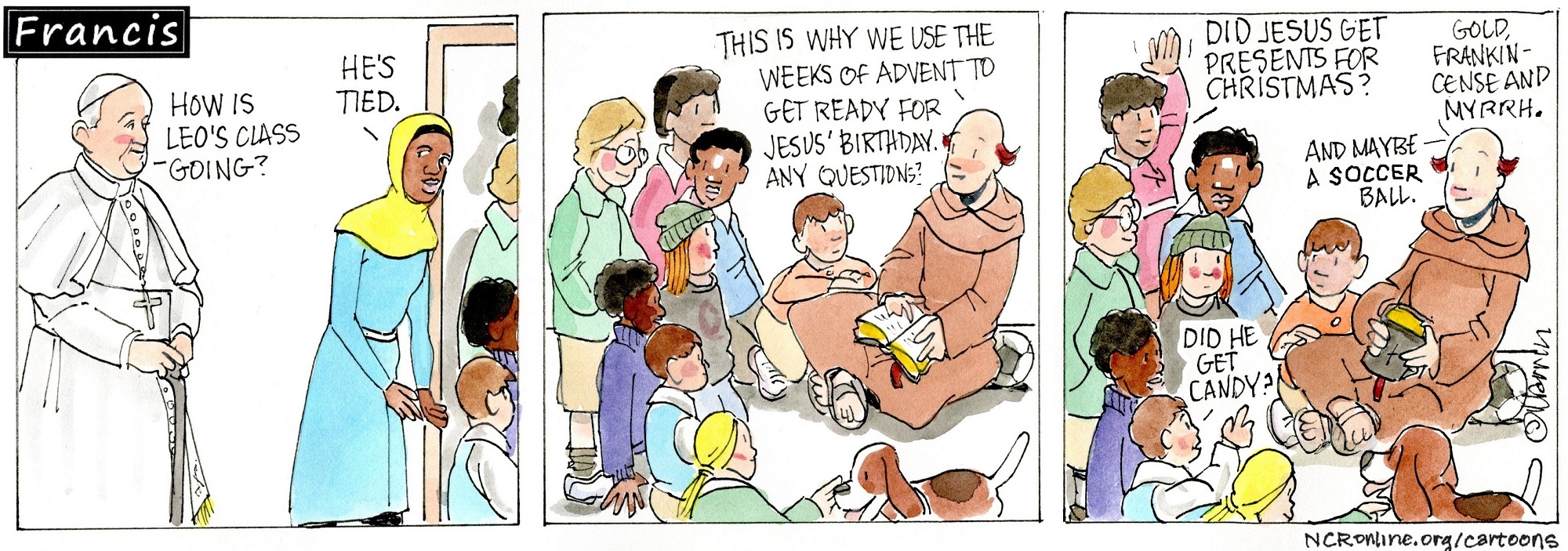 Francis, the comic strip: Brother Leo helps his class get ready for Advent.