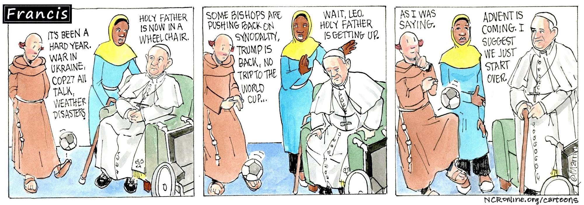 Francis, the comic strip: With Advent coming, Francis suggests it's time to start over.