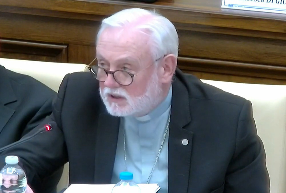 Archbishop Paul Gallagher, Vatican foreign minister, speaks during an Oct. 4 event hosted by the Pontifical Academies of Sciences and Social Sciences to mark the Holy See's entry into the Paris Agreement and United Nations Framework Convention on Climate Change. (NCR screenshot)