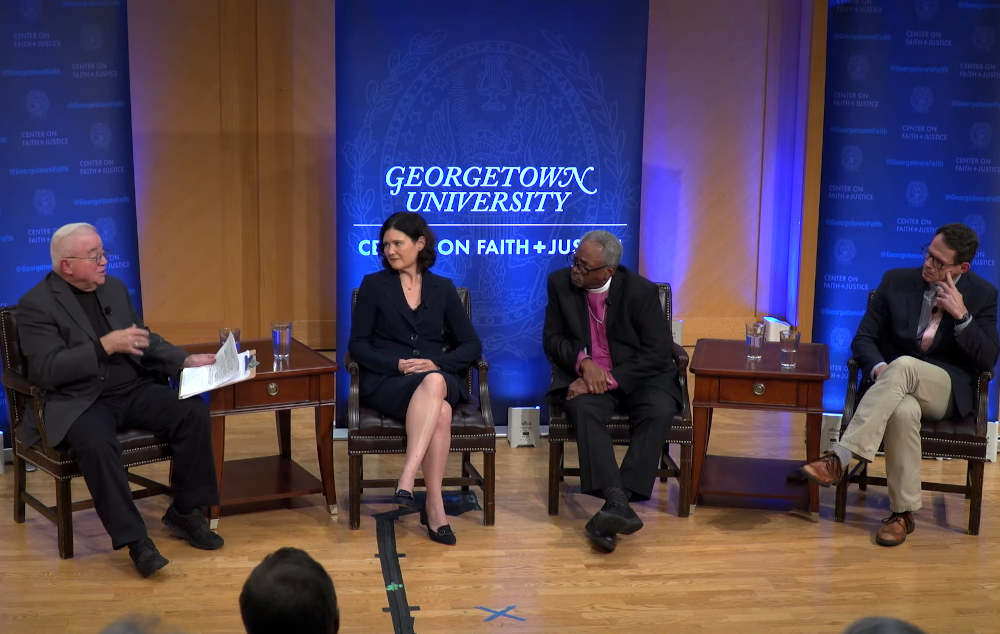 The Rev. Jim Wallis asks speakers Amanda Tyler, executive director of the Baptist Joint Committee for Religious Liberty, the Rev. Michael Curry, presiding bishop of the Episcopal Church, and Samuel Perry, associate professor of sociology at the University of Oklahoma a question at "How White Christian Nationalism Threatens Our Democracy" on Oct. 26. (NCR screenshot)