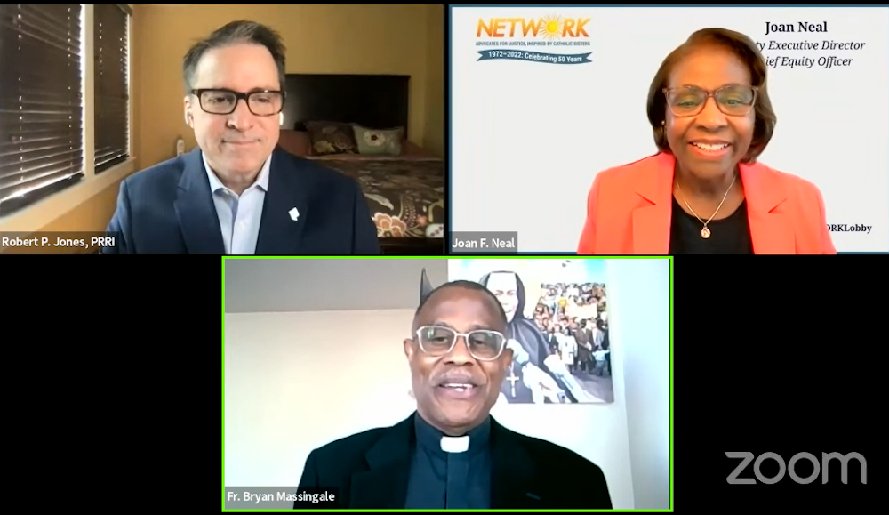 Fr. Bryan Massingale speaks to Joan Neal and Robert Jones at "White Supremacy and American Christianity" on Oct. 29. (NCR screenshot)