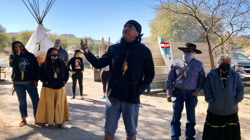 Wendsler Nosie Sr., leader of Apache Stronghold, addresses supporters of Oak Flat, including people from other Native American groups and runners who participated in a protest run in support for Oak Flat, Feb. 27, 2021, in Oak Flat, Arizona. (RNS/Alejandra Molina)