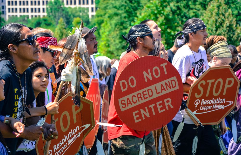 Native American activists rally in front of the U.S. Capitol in Washington to save Oak Flat, which is land near Superior, Arizona, July 22, 2015. (RNS/Jack Jenkins)