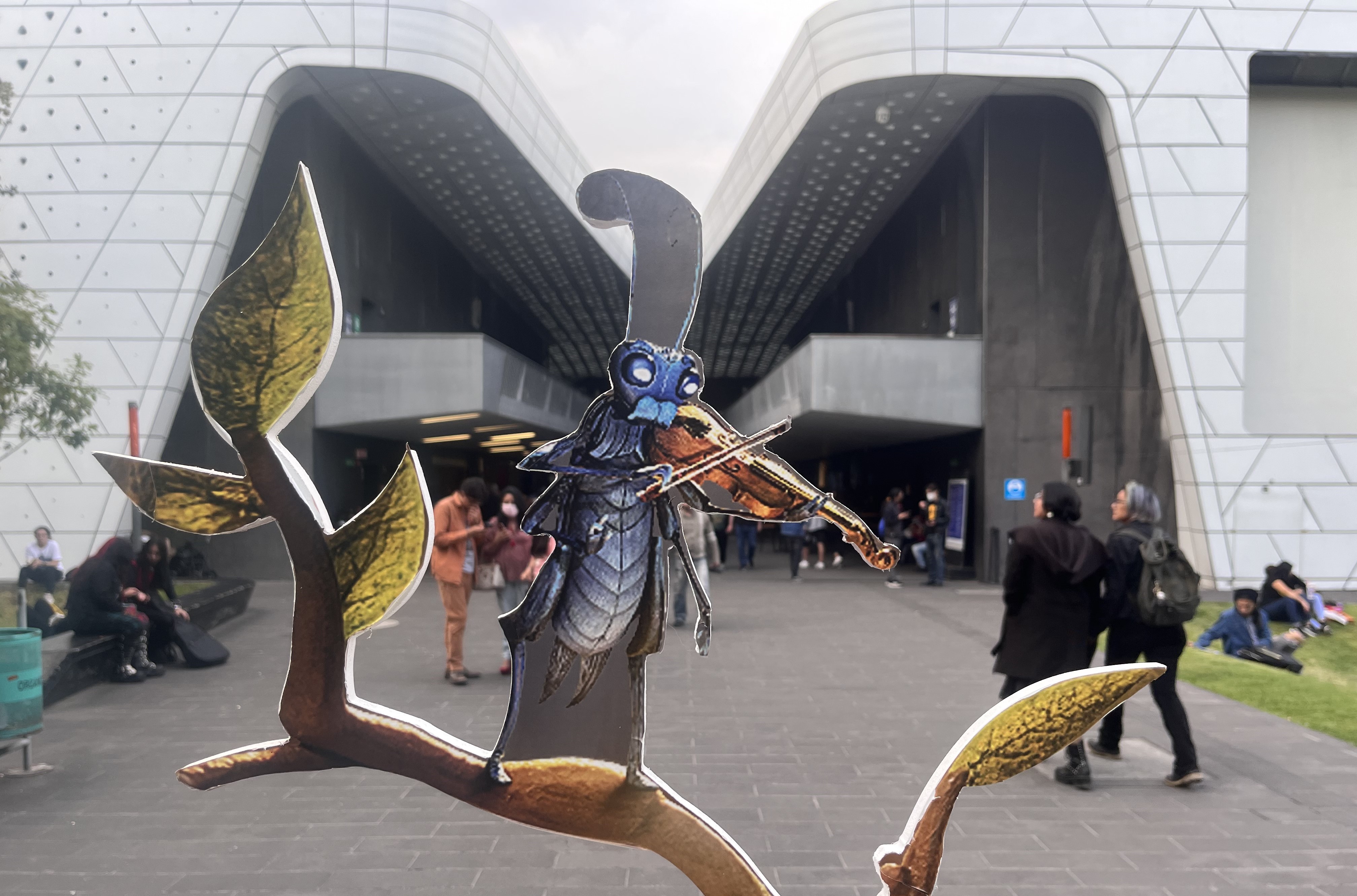 A board pop-up of Sebastian J. Cricket welcomes audience members eager to see 'Guillermo del Toro's Pinocchio' at the Cineteca Nacional in Mexico City. (Photo by Steven Salido Fisher)