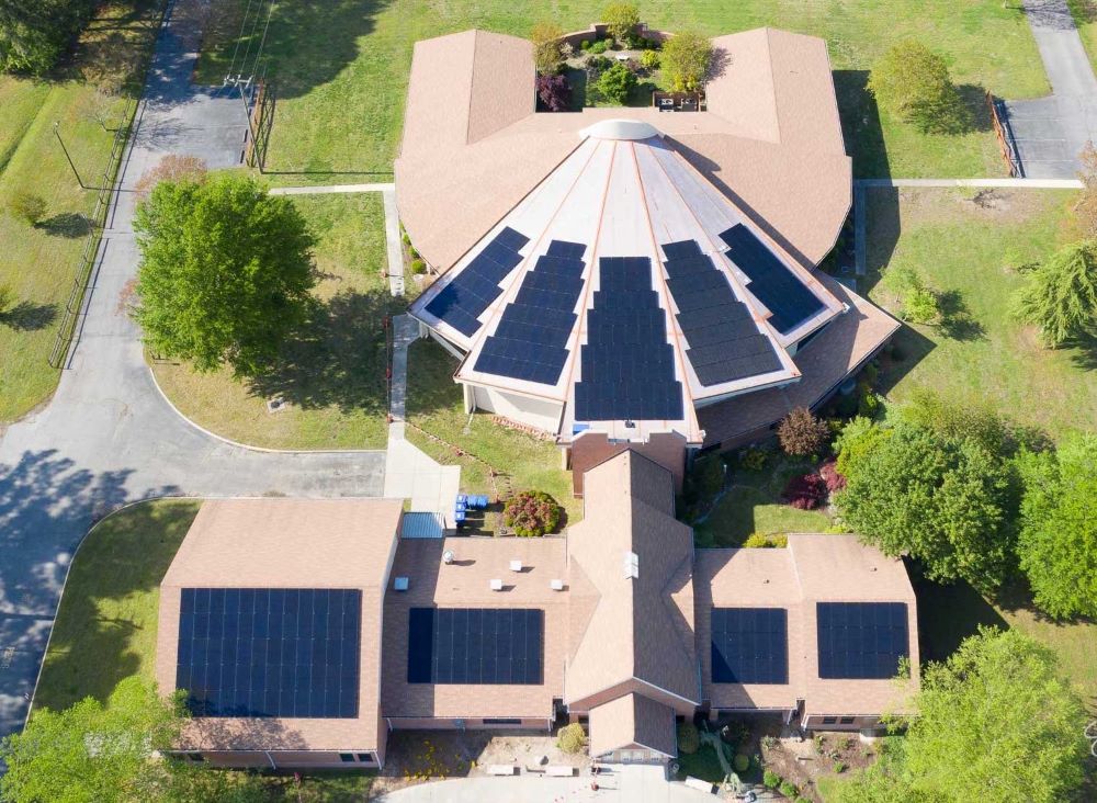 The Church of St. Therese in Chesapeake, Va., seen April 21, 2020, is one four churches in the Diocese of Richmond that had solar panels installed in 2020. (CNS/Catholic Virginian/Vy Barto)