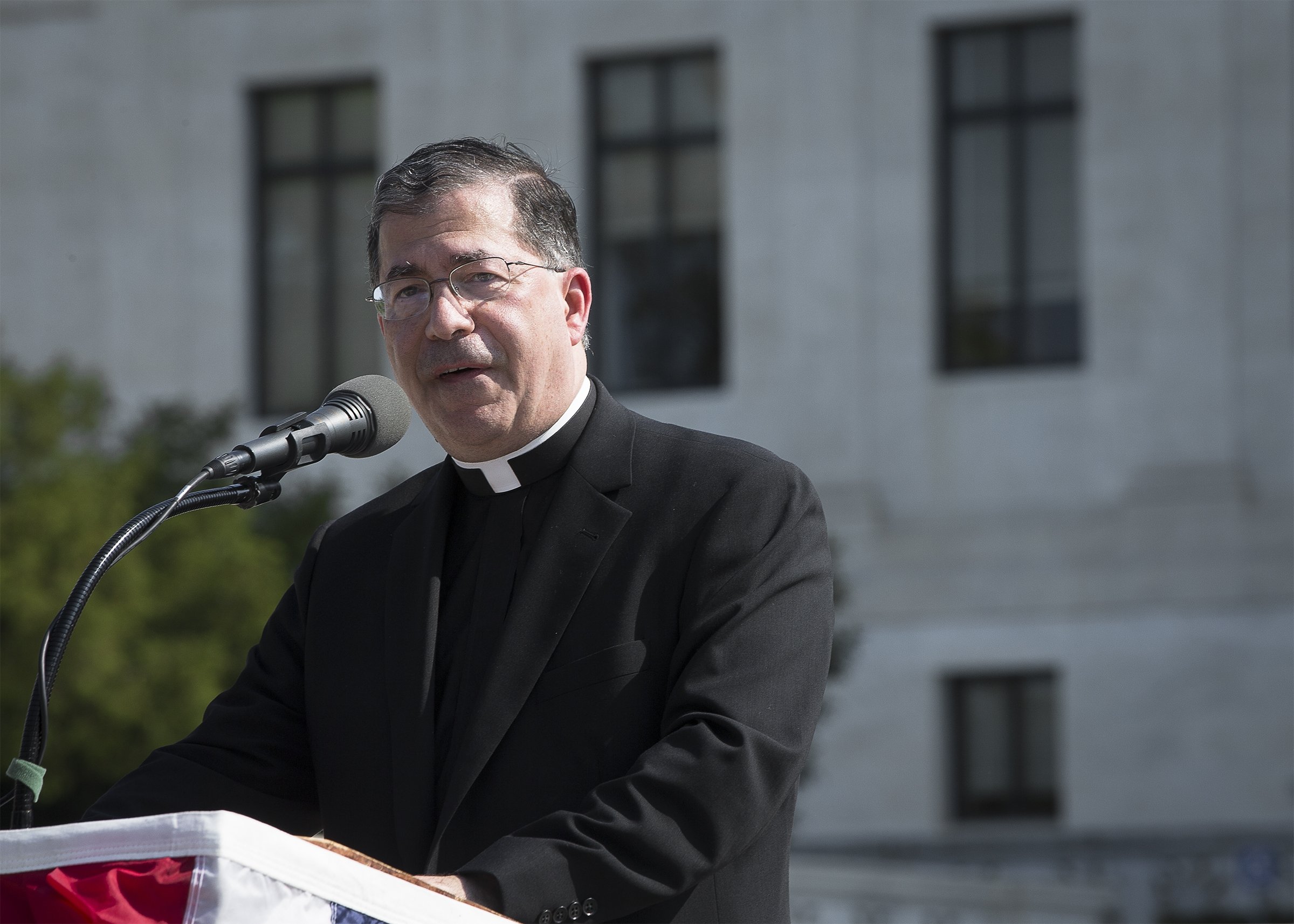 Father Frank Pavone, national director of Priests for Life, speaks in front of the U.S. Supreme Court in Washington Oct. 1, 2019. 