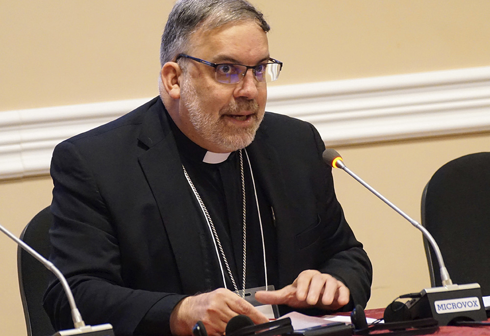 Bishop John Stowe of Lexington, Kentucky, bishop president of Pax Christi USA, speaks at a meeting in Rome Dec. 6. The topic was "Pope Francis, Nonviolence and the Fullness of Pacem in Terris (Peace on Earth)." (CNS/Courtesy of Pax Christi International/Martin Pilgram)