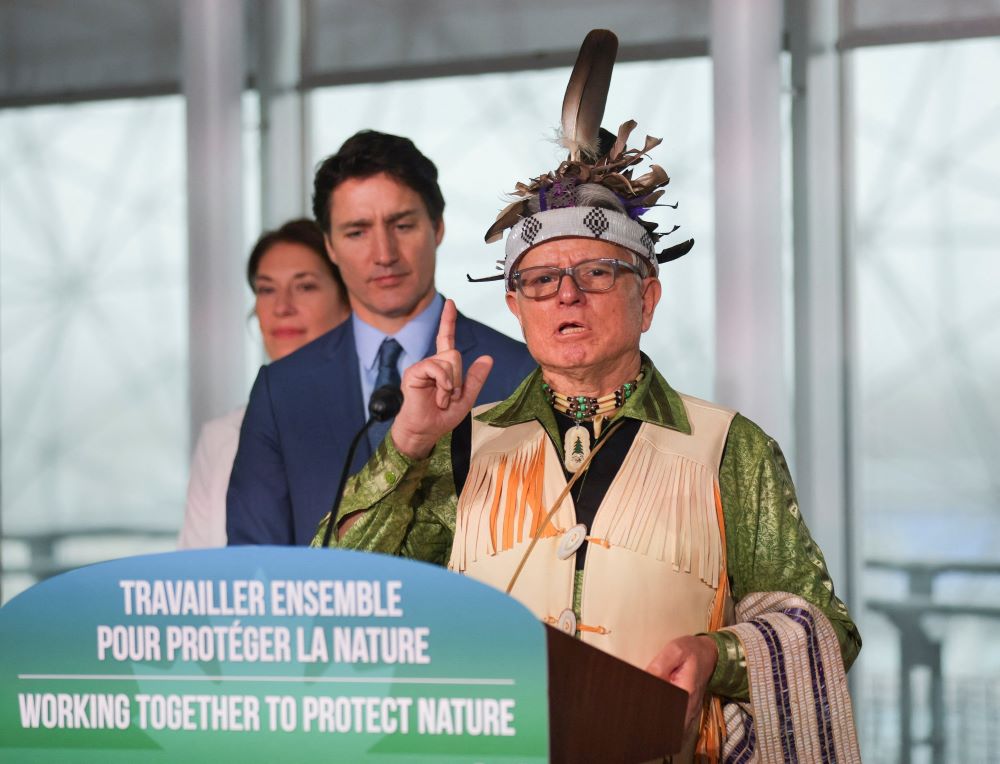 Elder Ka'nahsohon Kevin Deer speaks during a ceremony prior to Canadian Prime Minister Justin Trudeau making an announcement supporting Indigenous-led conservation during COP15, the U.N. Biodiversity Conference, in Montreal Dec. 7, 2022. (CNS/Reuters/Christinne Muschi)