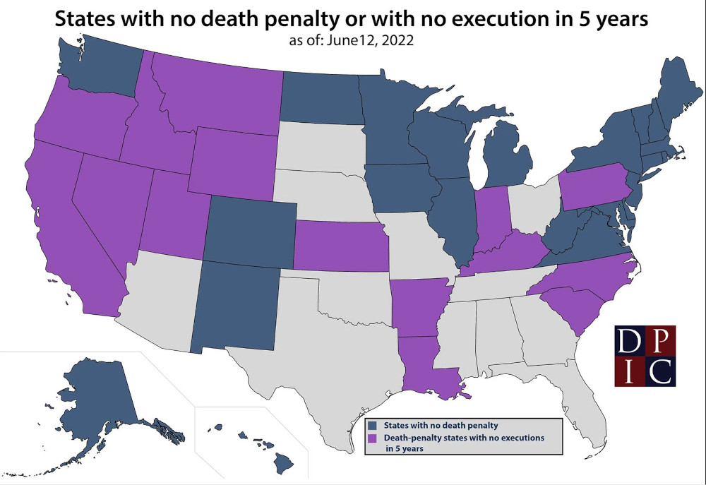 A map shows the states with no death penalty or with no execution in five years; there are only twelve states that don't fall in either category