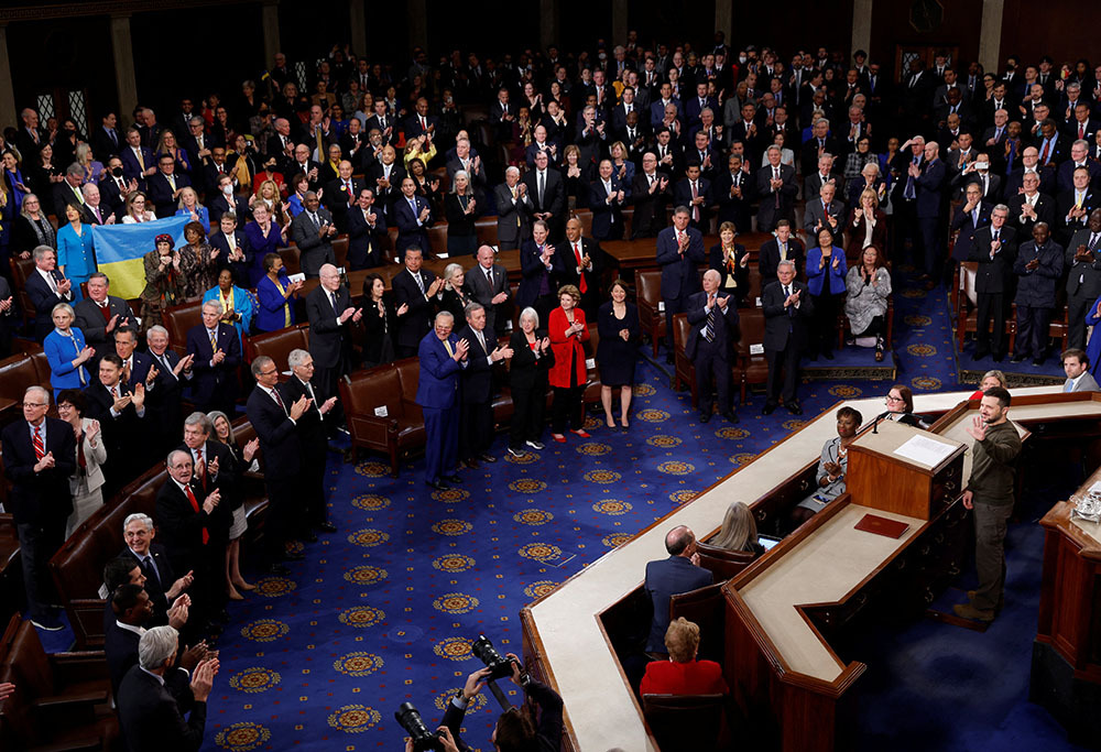 Ukraine's President Volodymyr Zelenskyy receives one of many standing ovations as he addresses a joint meeting of Congress in the House Chamber of the U.S. Capitol in Washington Dec. 21, 2022. (CNS/Reuters/Jonathan Ernst)