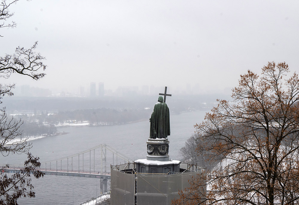 A statue of Vladimir the Great overlooks Dnipro River in Kyiv, Ukraine, on Dec. 7. (Marcin Mazur)