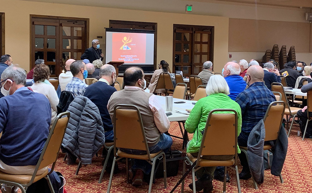 Bishop Daniel Garcia of Monterey, California, speaks during a February synod training for parish leaders organized by Communities Organized for Relational Power in Action. Garcia was among several U.S. bishops who asked IAF-affiliated organizations to help train parish leaders during the first phase of the worldwide synod. (Courtesy Tim McManus)