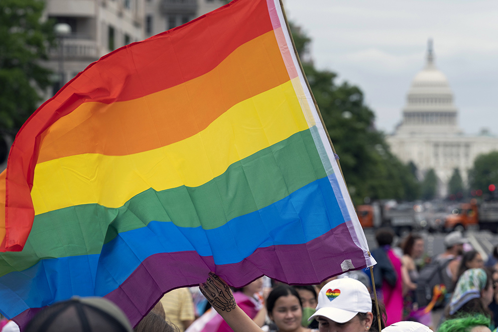 With the U.S. Capitol in the background, a person waves a rainbow flag as they participant in a rally in support of the LGBTQIA+ community at Freedom Plaza June 12, 2021, in Washington, D.C. (AP/Jose Luis Magana, File)