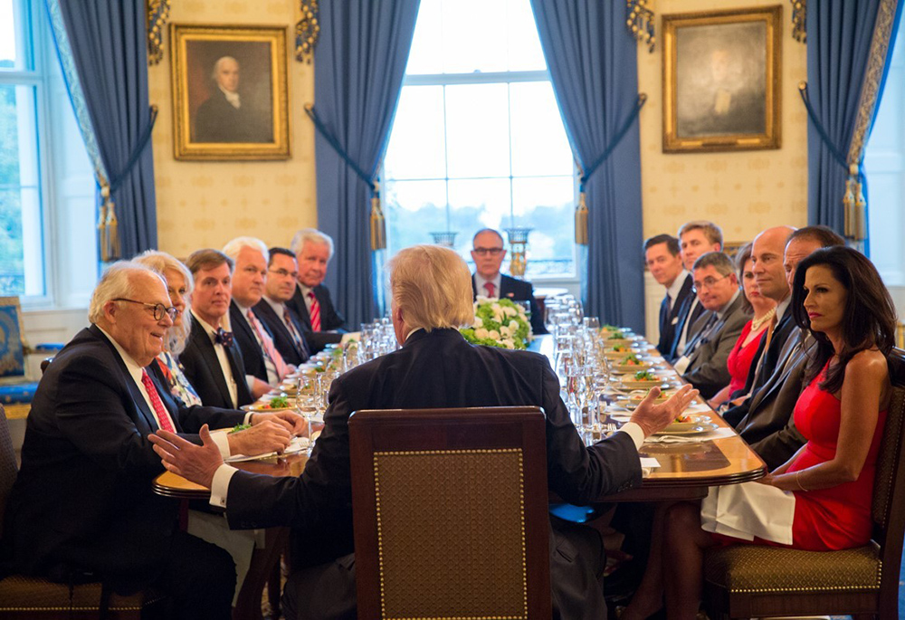 Leonard Leo (fifth from the front, on the right) attends a dinner for grassroots leaders hosted by then-President Donald Trump in the Blue Room at the White House Sept. 25, 2017, in Washington. (Wikimedia Commons/Official White House photos/Shealah Craighead)