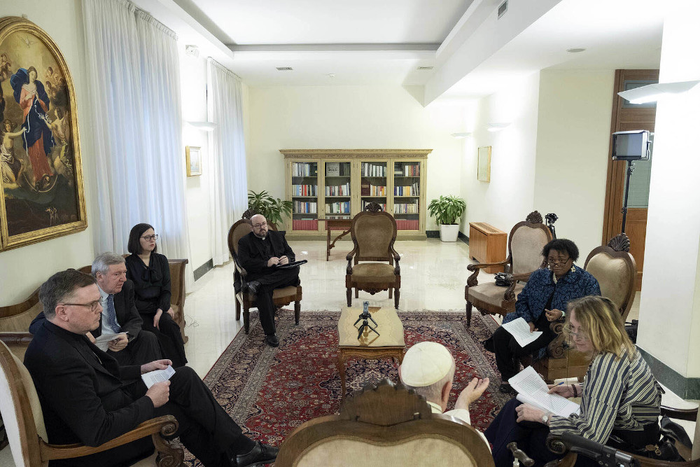 Staff of America interview Pope Francis, bottom center, in November, at the Vatican. (America Media/Antonello Nusca)