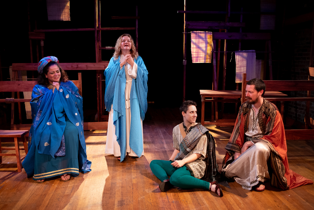 Charleigh E. Parker as Mary Magdalene, from left, Kristen Vaughan as Mary, Dani Martineck as Almelem and Nat Cassidy as Gestas in a 2018 production of "Almelem" at the Brick Theater in Brooklyn, New York. (Photo by Deborah Alexander)