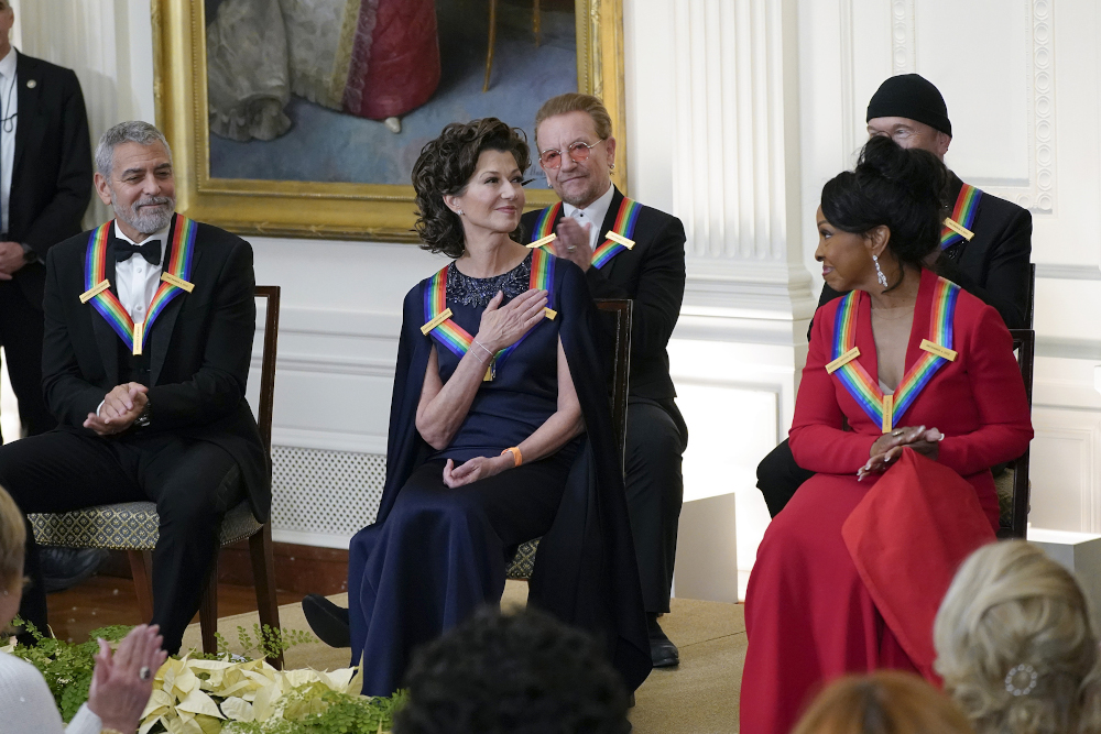 Contemporary Christian singer Amy Grant, center, reacts as she is recognized by President Joe Biden during the Kennedy Center honorees reception at the White House in Washington, Dec. 4. The 2022 Kennedy Center Honorees include from left, George Clooney, Amy Grant, Bono, Gladys Knight, and The Edge. (AP/Manuel Balce Ceneta)
