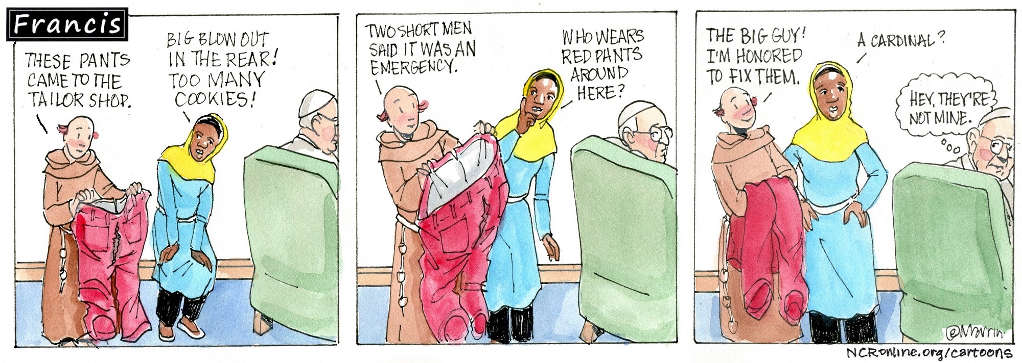 Francis, the comic strip: Brother Leo has an emergency tailor job on a pair of red pants. 