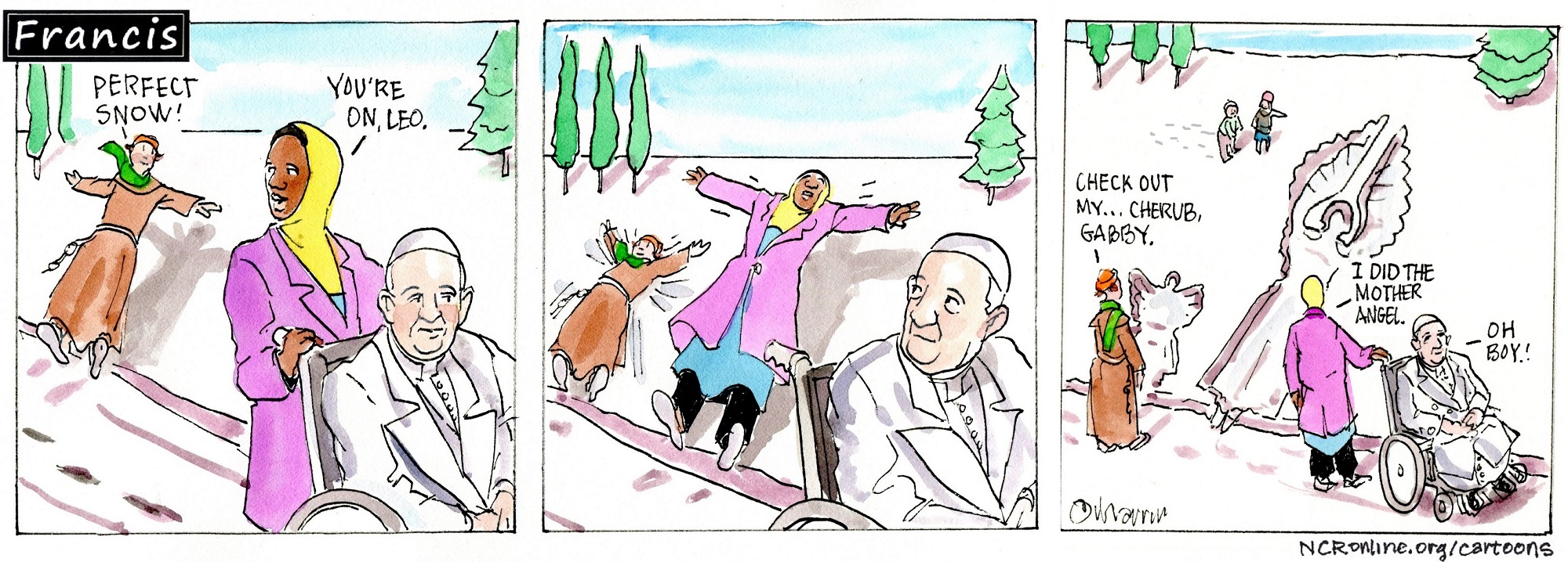 Francis, the comic strip: Brother Leo and Gabby try their hand at making snow angels.