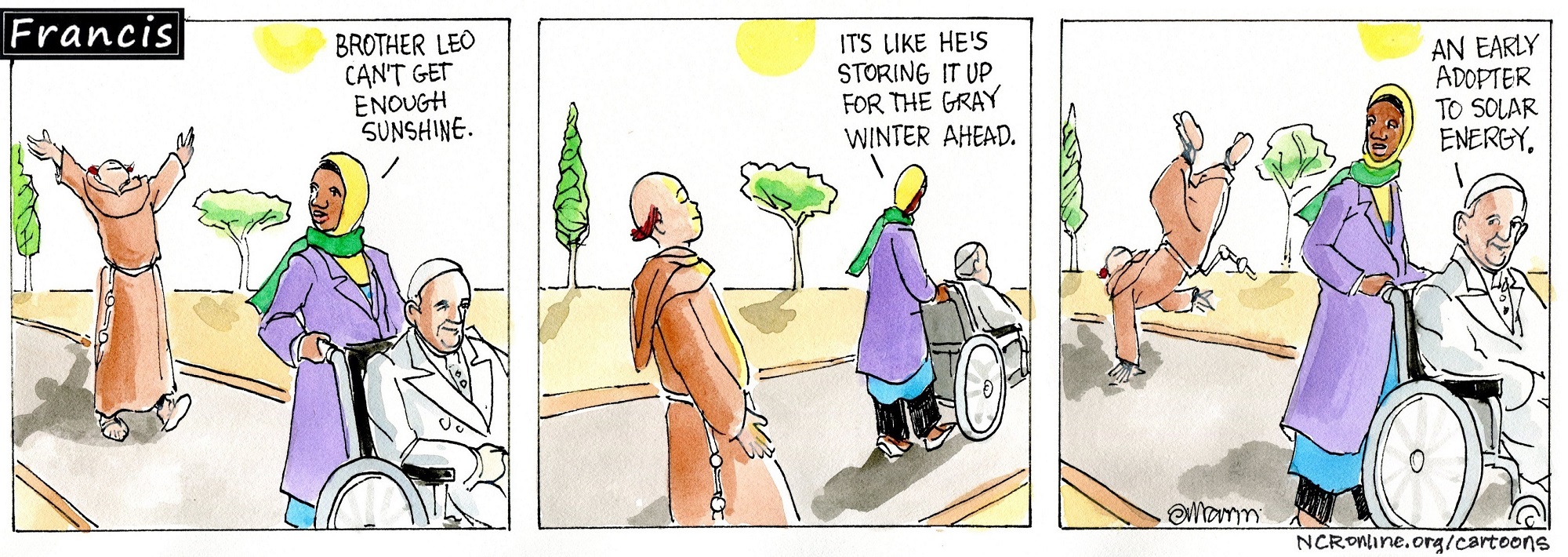 Francis, the comic strip: Brother Leo can't get enough sunshine.