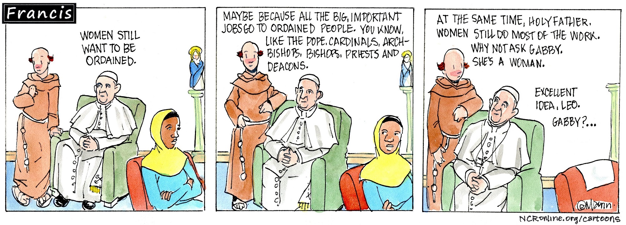 Francis, the comic strip: Brother Leo and Francis try to work out what women want.