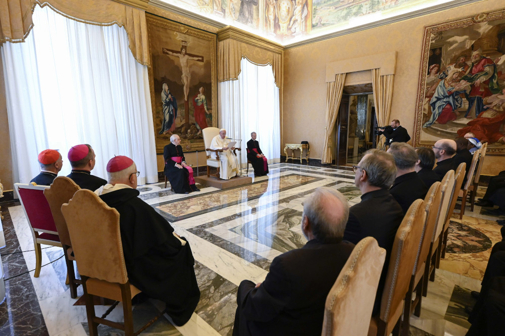 Pope Francis speaks to members of the International Theological Commission during a meeting Nov. 24 in the Apostolic Palace of the Vatican. (CNS/Vatican Media)