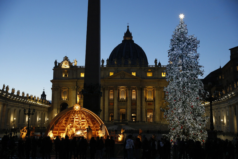 The Nativity scene and Christmas tree decorate St. Peter's Square at the Vatican Dec. 5. (CNS/Paul Haring)