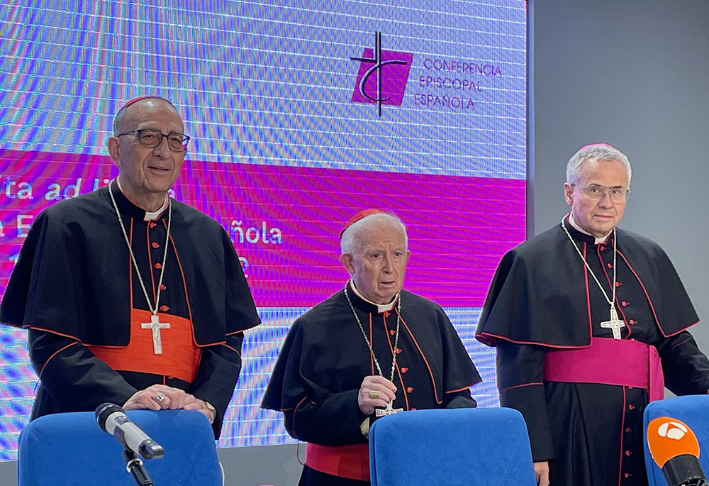 Cardinal Juan José Omella of Barcelona, president of the Spanish bishops' conference, Cardinal Antonio Cañizares Llovera of Valencia, and Archbishop Joan Planellas Barnosell of Tarragona, Jan. 14 at the Pontifical Spanish College in Rome (CNS)