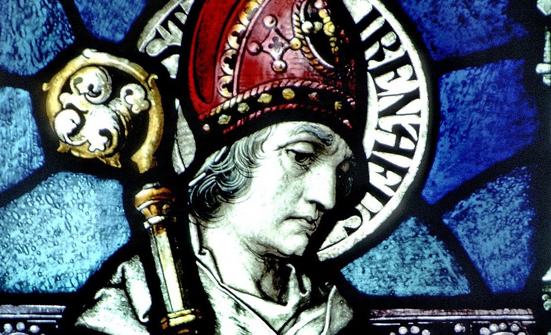 St. Irenaeus of Lyon is pictured in a stained-glass window at the Basilica of Our Lady Immaculate in Guelph, Ontario. (CNS photo/The Crosiers)