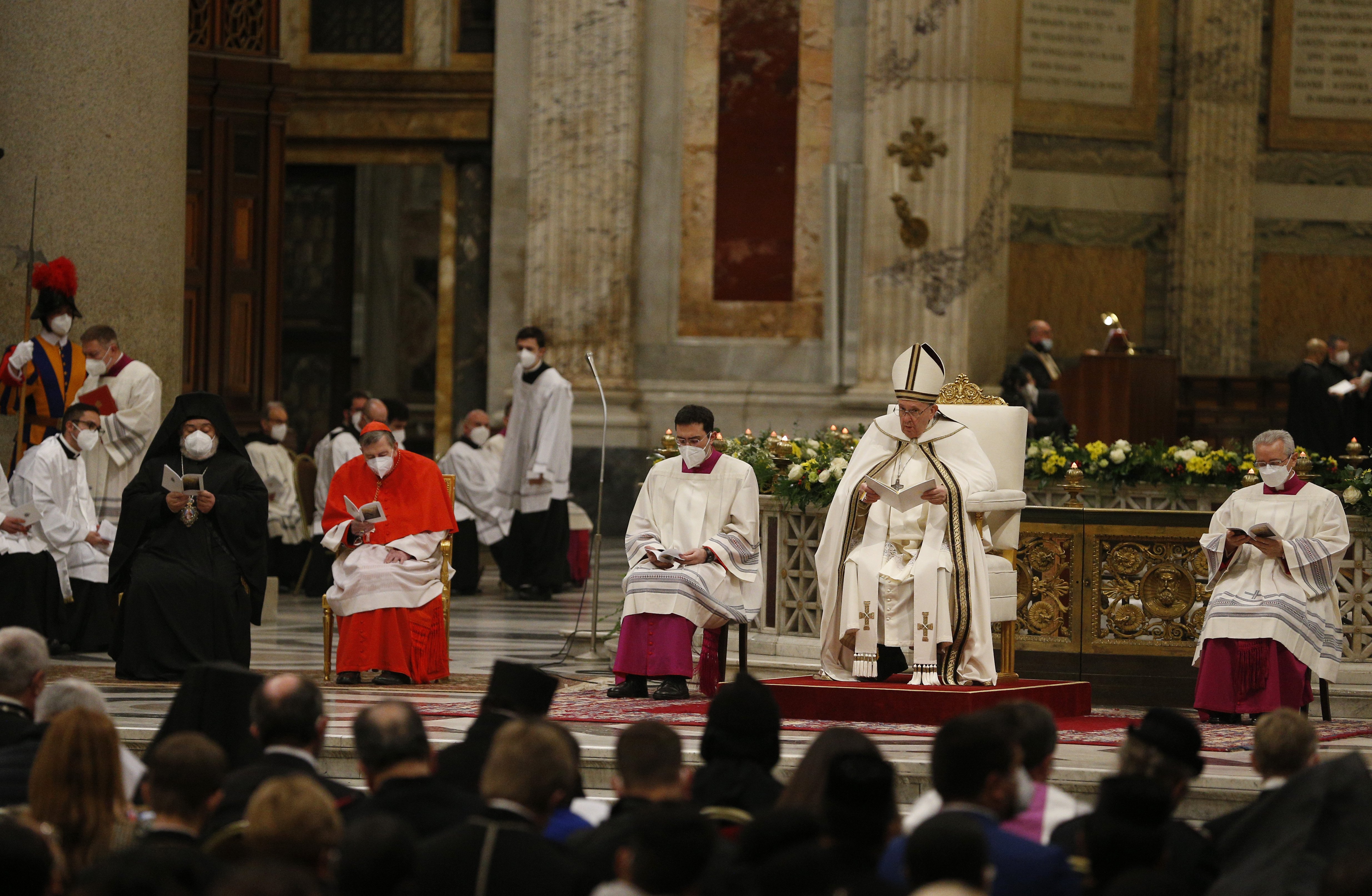 Pope Francis presides over an evening prayer service at the Basilica of St. Paul Outside the Walls in Rome Jan. 25, 2022. (CNS photo/Paul Haring)