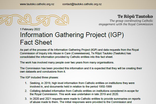 Pictured is a fact sheet for the report released Feb. 1 by the New Zealand bishops' conference. (CNS photo/courtesy New Zealand Catholic Bishops Conference)