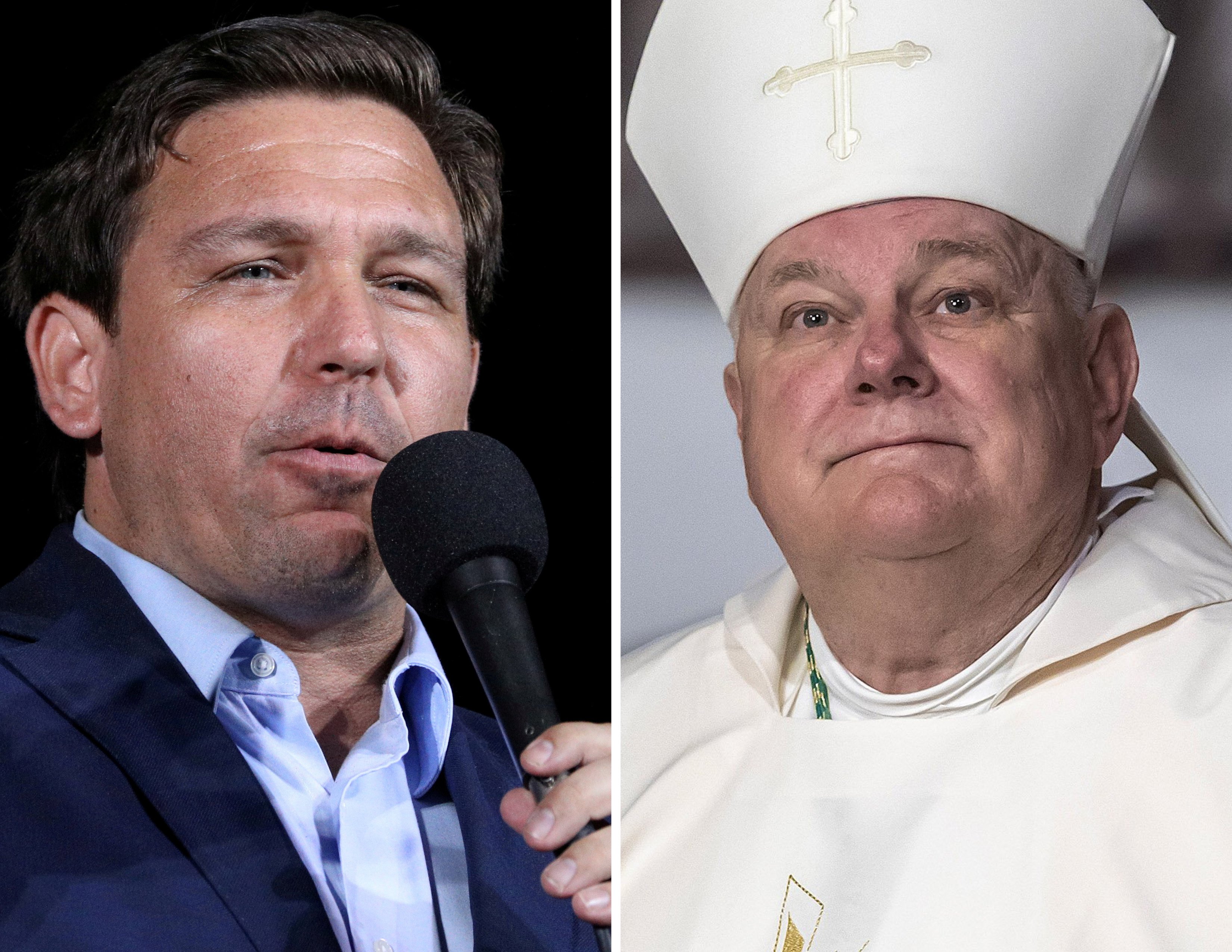 Florida Gov. Ron Desantis and Archbishop Thomas G. Wenski of Miami are seen in this composite photo. (CNS composite; photos by Tom Brenner, Reuters; Stefano Dal Pozzolo)