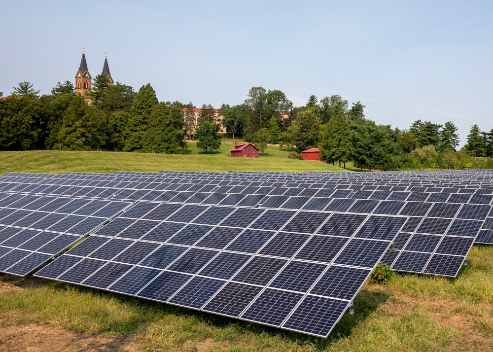 Solar panels are seen on the campus of St. Meinrad Archabbey and its seminary in Spencer County, Indiana, Sept. 11, 2021. (CNS/The Criterion/courtesy Saint Meinrad Archabbey)