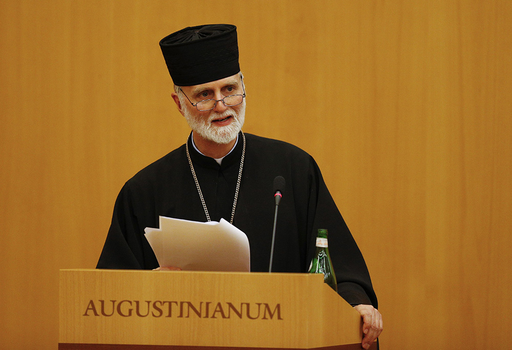 Metropolitan-Archbishop Borys Gudziak of the Ukrainian Archeparchy of Philadelphia speaks at a meeting hosted by the Vatican Congregation for Eastern Churches Feb. 16 in Rome. (CNS/Paul Haring)