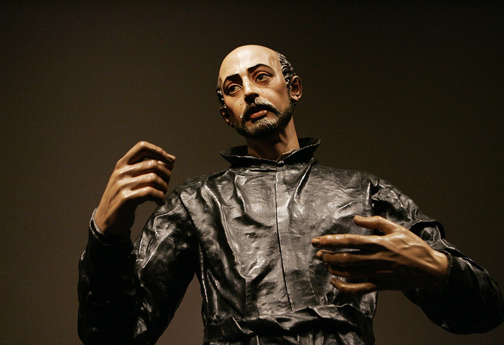 The upper portion of the sculpture "Saint Ignatius Loyola," by Juan Martínez Montañés and Francisco Pacheco, is seen in the exhibit "The Sacred Made Real" at the National Gallery of Art Feb. 24, 2010, in Washington. (CNS/Nancy Wiechec)