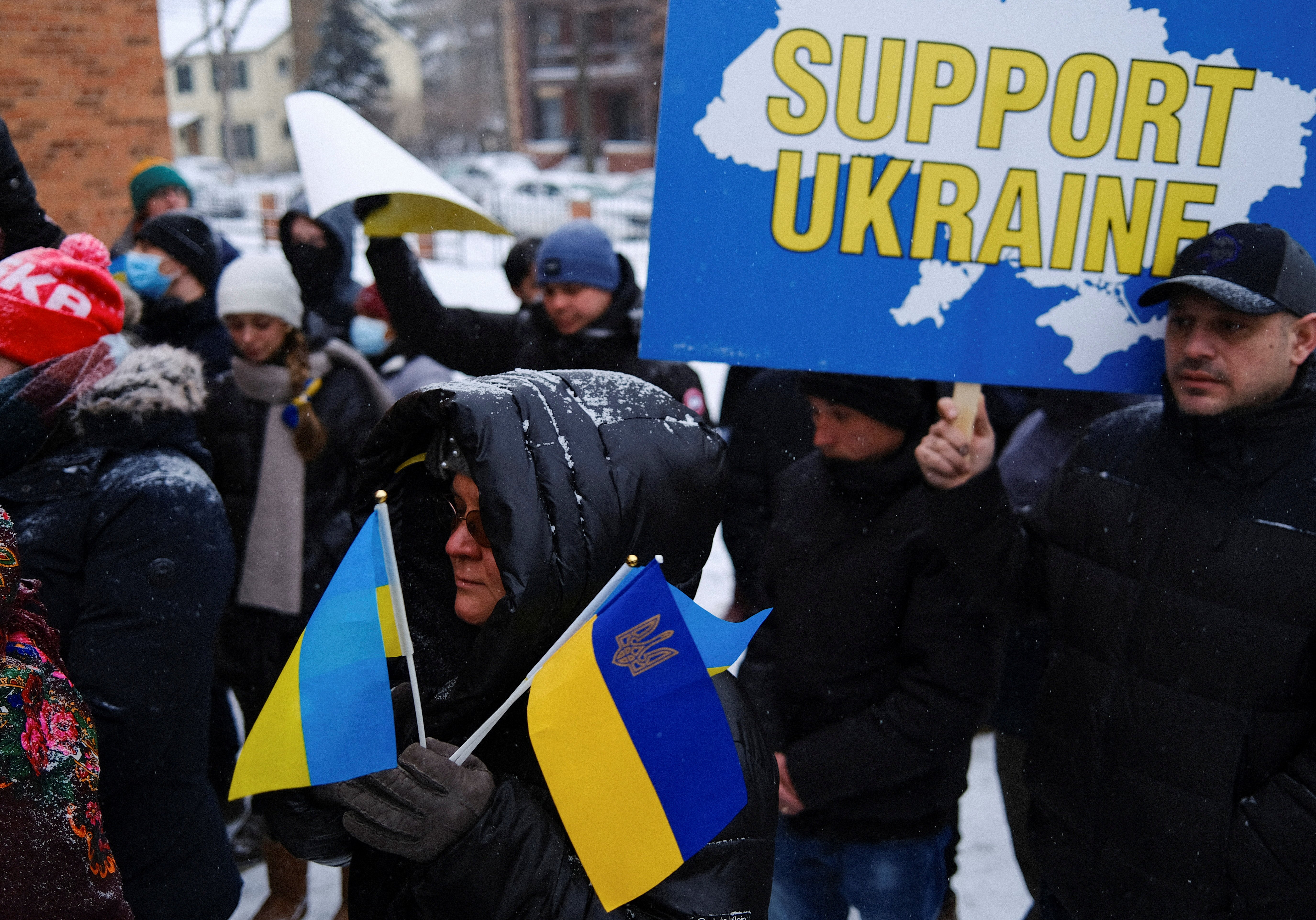 Ukraine supporters rally outside St. Constantine Ukrainian Catholic Church in Minneapolis Feb. 24, 2022, after Russia launched a massive military operation against Ukraine. (CNS photo/Stephen Maturen, Reuters)